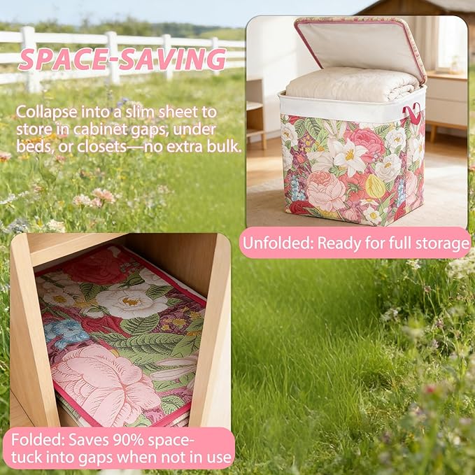 120L Extra Large Laundry Basket with Lid & Handles, Cottagecore Flower Collapsible Laundry Hamper, Waterproof Oxford Cloth Storage Basket for Laundry Room Organization