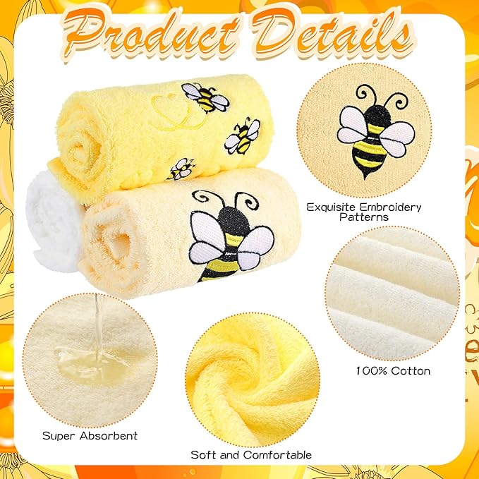 3 Pack Bee Towels 13.4 x 29.2 Inch Cotton Embroidered Summer Cute Bee Bathroom Towel Absorbent Dish Tea Towels for Kitchen Decor