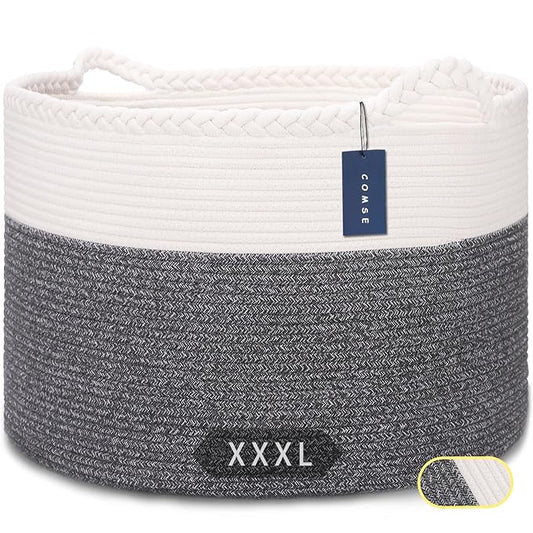 COMSE Extra Large Blanket Basket, Woven Laundry Basket, 21.7”x 13.8”, Nursery Hamper, Cotton Rope Laundry Hamper Living Room for Storage Toys Clothes Towels (White & Black)