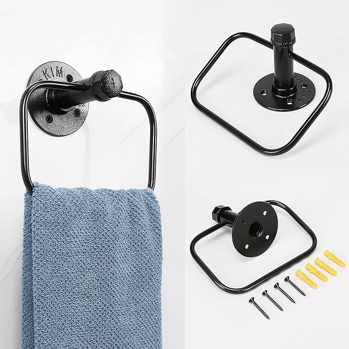 4-Pieces Industrial Pipe Bathroom Towel Ring Kit DIY Wall Mount Accessories Kit Includes Robe Hook Towel Bar and Towel Ring (18 inch)