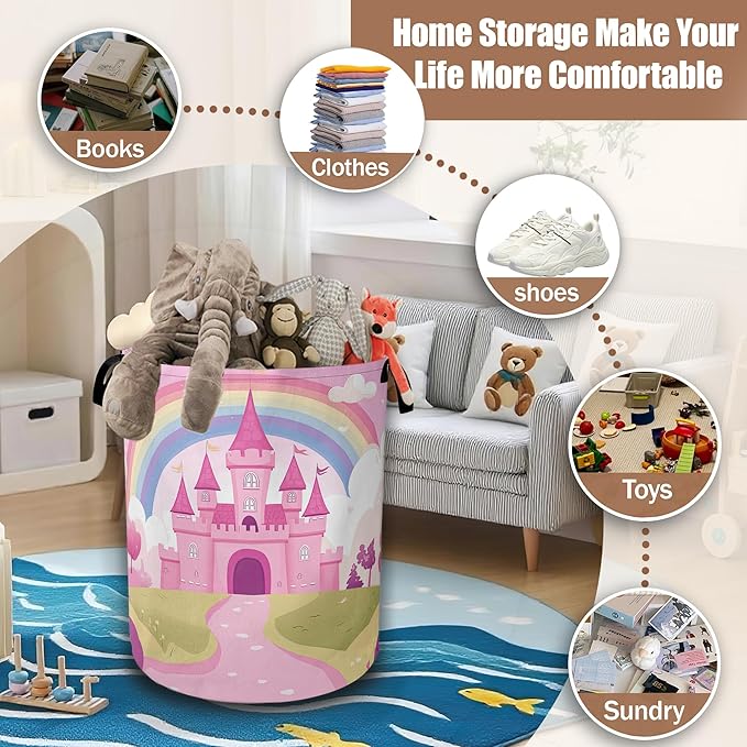 Pink Castle Laundry Basket,Rainbow Princess Laundry Hamper Waterproof Oxford Cloth Tote Collapsible,Clothes Storage Bucket Decorative Toy Organizer For Bathroom Bedroom 16" x 20.8"