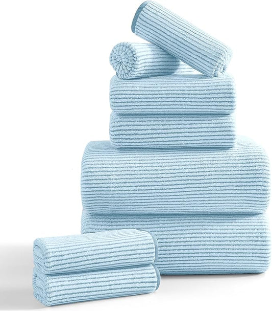 8-Piece Premium Towel Set for Bathroom|2 Oversized Large Bath Sheet,2 Hand Towels,4 Washcloths|Soft Cozy Highly Absorbent Fast Dry Microfiber Shower Towel Set for Hotel Bathroom Essentials,Blue White