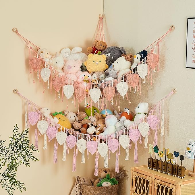 Pretty Jolly Macrame Stuffed Animal Hammock with Beads Hand Woven Leaf Tassels Corner Hanging Net Boho Plush Holder for Kid Room Nursery Decor Easy Install Organizer for Girls Gift(Leather Pink)