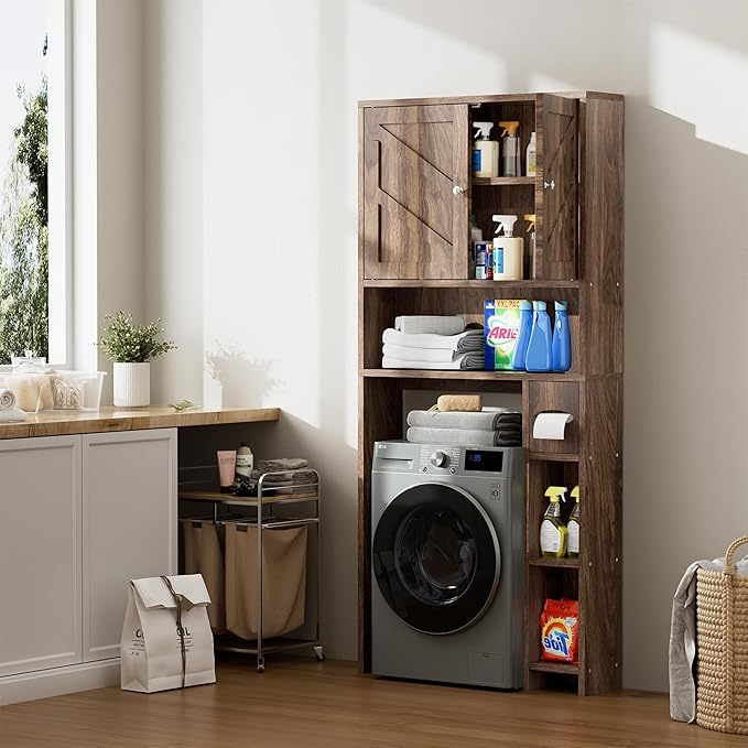 Meilocar Over Toilet Storage Cabinet with Toilet Paper Holder Stand, Freestanding Bathroom Storage Cabinet, Rustic Farmhouse Bathroom Organizer with Adjustable Shelf & Anti-Tipping, Walnut
