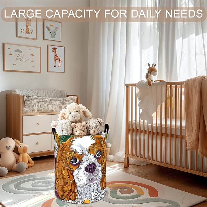 Cavalier King Charles Spaniel Laundry Basket Hamper 19.7"x15.8", Foldable Waterproof Oxford Clothes Storage Bucket for Room Bathroom Bedroom Nursery Decor, Toy Organizer Bins Gifts for Kids Boys Girls