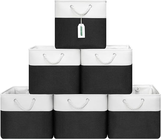 13x13 Inch Cube Storage Bins with Reinforced Bottom Cardboard, 6 Pack Large Foldable Fabric Storage Cubes with Handles for Shelf, Closet, Laundry Organization (White&Black)