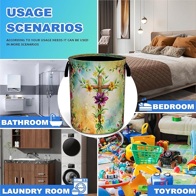 Cross Flowers Laundry Basket Christian Oxford Cloth Laundry Hamper With Handle Foldable Portable Clothes Storage Basket 18.9 X 16.5 Inch Storage Bag For Laundry Room/Bathroom/Bedroom/Dormitories