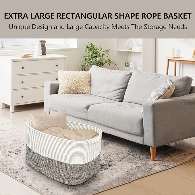XXXXL Rope Basket for Blankets, 25" x 16" x 16"(108L) Rectangle Blanket Basket Living Room, Extra Large Wicker Woven Blanket Pillow Storage Basket, Kids Dog Toy Basket Storage Bins Organizer