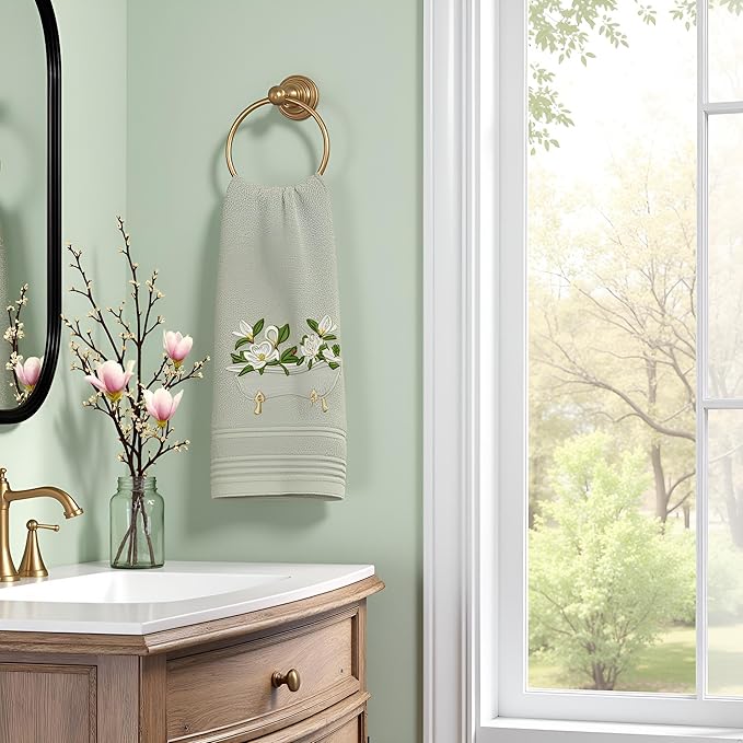 2pcs Sage Green Magnolia Hand Towels for Bathroom Decorative Towels Set 100% Cotton cute Embroidered Spring summer floral bath towels dish kitchen towels Farmhouse Bathroom Decor Gift(Green Magnolia)