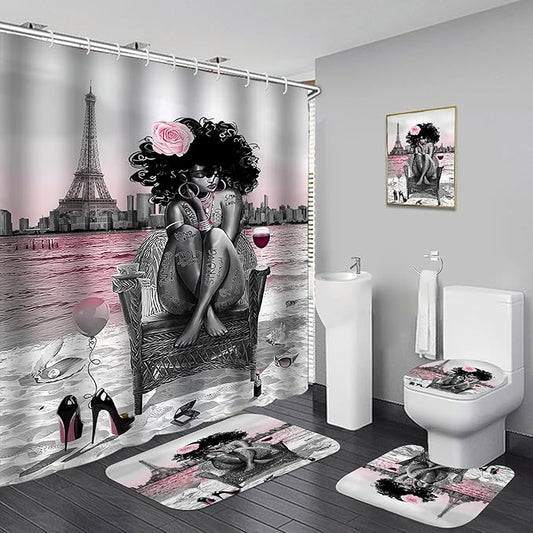 5Pcs Girly Shower Curtain Set with Rugs and Wall Painting, Pink and Black African American Shower Curtain Set, Parisian Style Modern Wall Decor, Bathroom Accessory Set