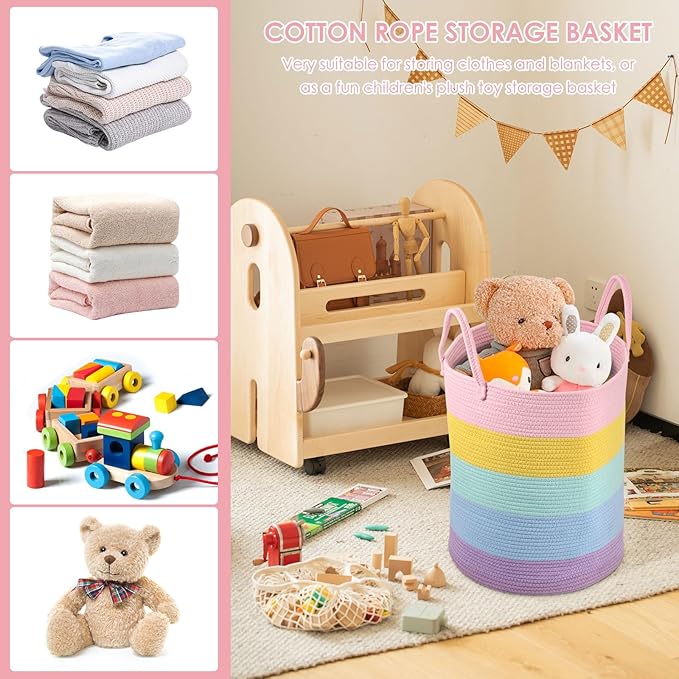 Cotton Rope Laundry Basket Woven Hamper for Girls Kids Baby Large Capacity Clothes Storage for Living Room, Laundry Nursery Pillows Baby Toy chest