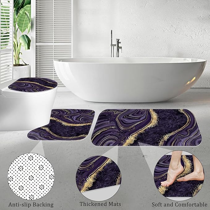4PCS Purple Gold Marble Bathroom Sets with Shower Curtain and Rugs, Abstract Luxury Shower Curtain Sets with Rugs, Modern Bathroom Curtains Shower Set with Toilet Lid Cover