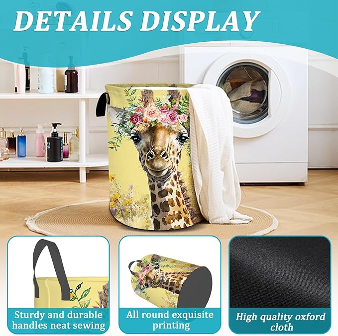 Giraffe Flower Laundry Basket, Foldable Waterproof Oxford Cloth Laundry Hamper Funny Tote Bag Dirty Clothes Storage Bucket Toy Organizer for Bathroom/Laundry/Bedroom 15.7"x19.6"