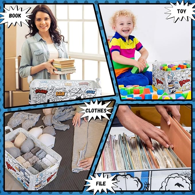 Maxdot 3 Pack Hero Comic Book Storage Themed Basket Large Gifts for Laundry Hamper Basket for Kids Room Nursery Collapsible Toy Clothes Storage Collection Bin(Hero,Rectangle)