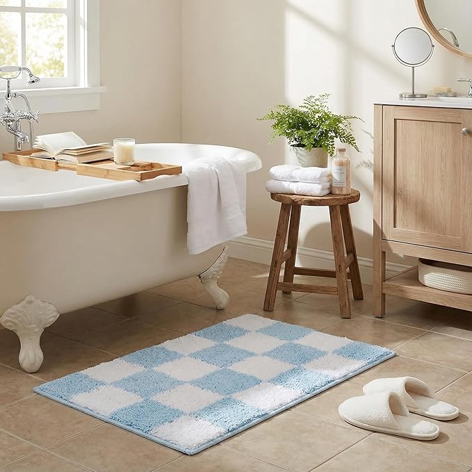 GRANNY SAYS Checkered Blue Bathroom Rugs, 24" x 16", Non-Slip Bath Mats for Bathroom, Plush Shag Absorbent Microfiber Ultra Soft Bath Mat, Cute Washable Rug for Tub, Shower, Bedroom