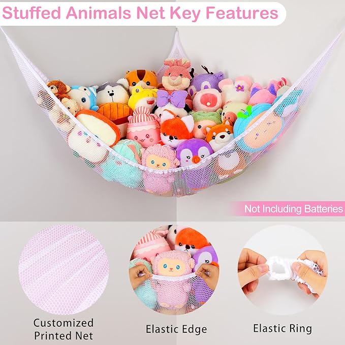 Basumee Stuffed Animals Net or Hammock with LED Light Hanging Toy Net Hammock for Stuffed Animals Storage Stuff Animals Hammocks for Nursery Room with Remote Control, 8 Kinds of Lights(Pack of 1)