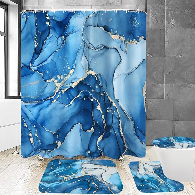 4 Pcs Blue Marble Shower Curtain Sets with Rugs Gold Bathroom Sets with Shower Curtain and Rugs Modern Abstract Bathroom Decor Accessories Shower Curtains for Bathroom Toilet Lid Cover