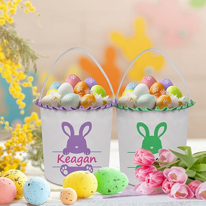 Easter Baskets for Girls Boys, Personalized Easter Basket with Name - Cute Purple Bunny