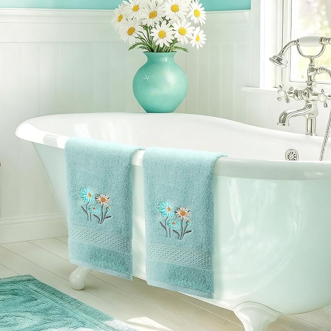 2 Pcs Daisy Hand Towels Teal Flower Bathroom Decor 14x29 Inch Embroidered 100% Cotton Soft Absorbent Spring Summer Decorative Daisy Hand Towels for Bathroom Kitchen