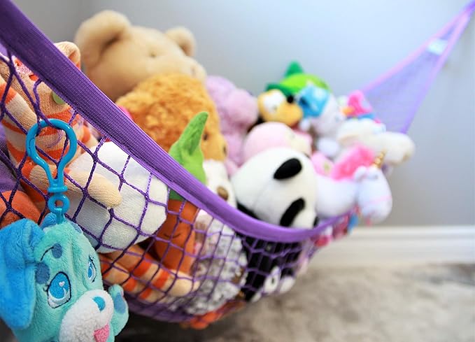 MiniOwls Storage Hammock Stuffed Toys Organizer - Fits 30-40 Plush Animals. Great Gift for Boys and Girls. Instead of Bins and Toy Chest – Displays Teddies Easily. (Purple, X-Large)