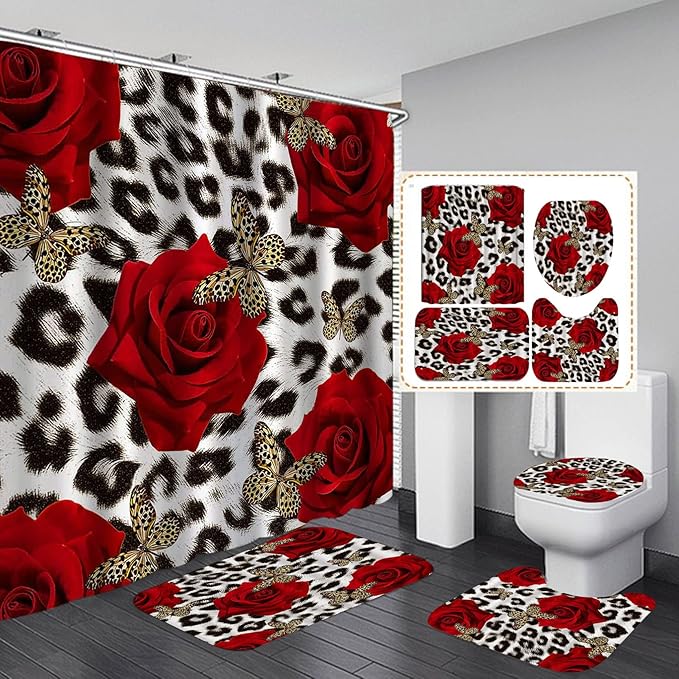 4PCS/Set Black and White Leopard Print Shower curtain Romantic Red Rose Safari Animal Skin Fur Valentine's Day Fashion Bathroom Decor Non-slip Bath Rug Cheetah Print Gifts for Women, Butterfly