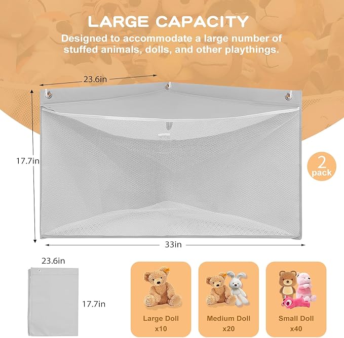 ANROYE 2PCS Large Corner Stuffed Animal Storage, Kids Plushies Toy Grey Wall Hammock for Girls Room, Baby Squishmallow Holder for Nursery, Organizer Idea for Bear Hanging Display Boy Gift