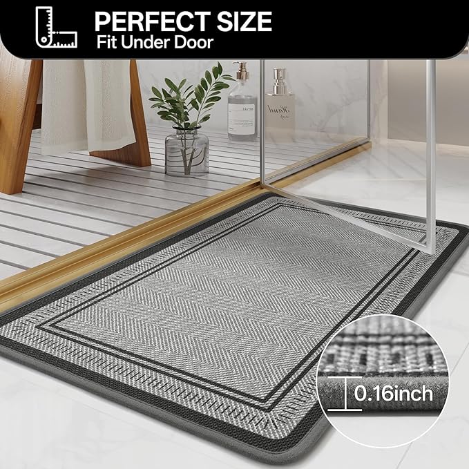 20"×31" Non Slip Bath Mat with Rubber Backing, Absorbent Quick Dry Bath Mats Washable, Low Pile Bathroom Rugs Fit Under Door for Bathroom Floor, Shower and Sink, Grey