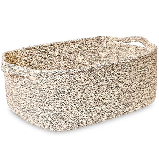 ABenkle Small Storage Basket with Handles, Cotton Rope Woven Dog Cat Toy Bin, Decorative Shelves Closet Organizing for Nursery Laundry Bedroom Bathroom, 14.2''x 11''x 5.1''