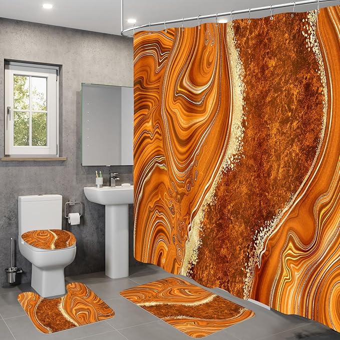 4PCS Orange Marble Bathroom Sets with Shower Curtain and Rugs, Abstract Gold Shower Curtain Sets with Rugs for Bathroom, Modern Bathroom Curtains Shower Set with Toilet Lid Cover Accessories