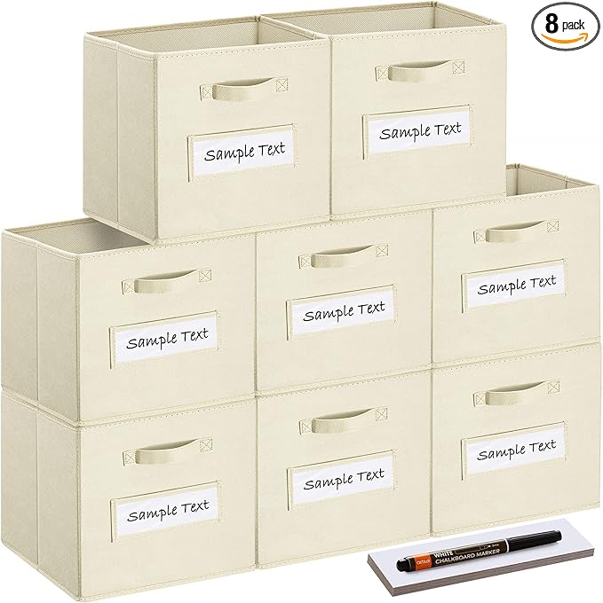 artsdi 13x13x13 storage cube bins(Set of 8) Fabric storage cubes with 8 Labels Window Cards & a Pen, storage cubes 13x13, Collapsible 13 inch cube storage bins, Cubby Boxes, Beige