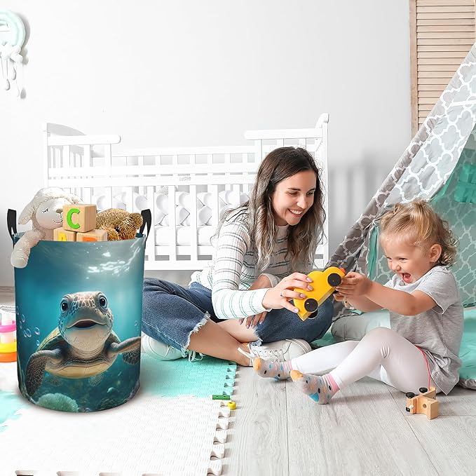 Laundry Basket, Dirty Clothes Basket, Foldable Waterproof Oxford Cloth Storage Basket for Bedroom, Bathroom, Clothes,Large Storage Basket Home Decoration(Sea Turtle)