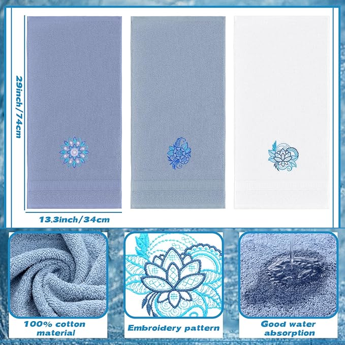 3 Pcs Mandala Hand Towels Mandala Flower Boho Bathroom Decor 14x29 Inch Embroidered Modern 100% Cotton Absorbent Hand Towels for Bathroom Kitchen
