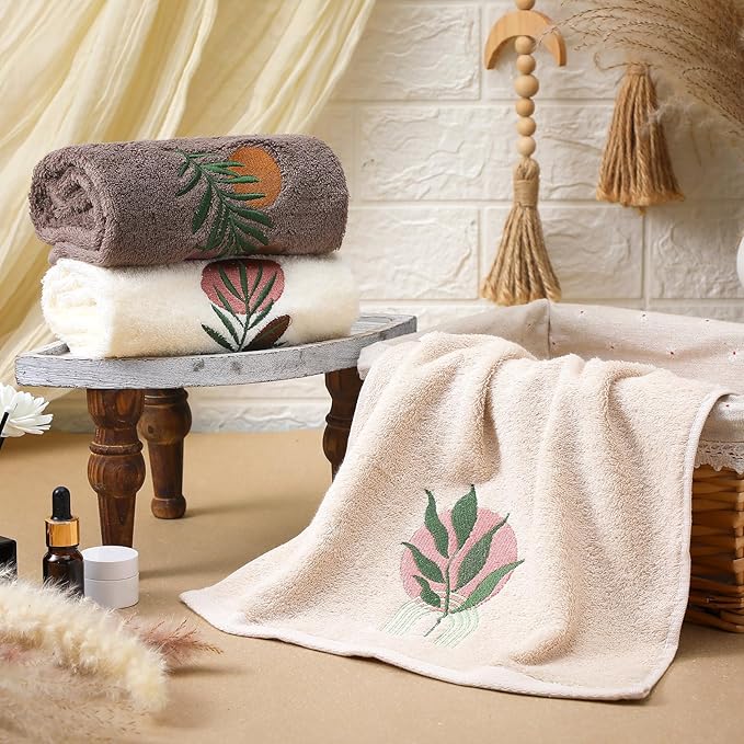 3 Pack Boho Leaves Hand Towels for Bathroom 100% Cotton Embroidered Bathroom Towels 13.78 x 29.53 Inch Beach Hand Towels Absorbent Soft Cotton Towel(Beige,Bohemian Style)