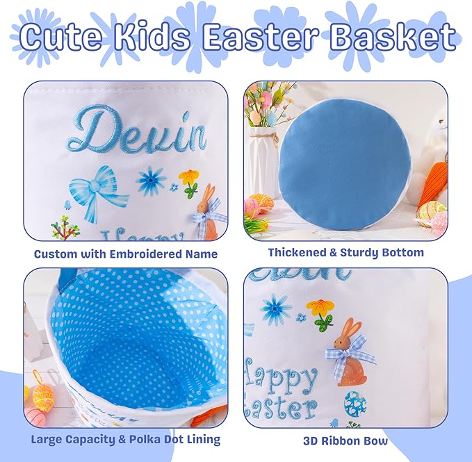 MT WORLD Toddler Easter Basket Personalized Easter Egg Bucket for Kids with Embroidered Name Blue Bunny Bucket Custom Candy Tote Bag for Baby Girls Candy Gifts Bucket