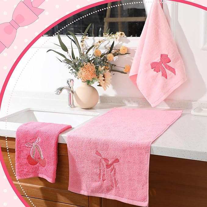 3 Pcs Pink Hand Towels for Bathroom Coquette Bow Embroidered Decorative Towel 100% Cotton Soft Absorbent Kitchen Facecloth Preppy Bathroom Decor Bridal Shower Wedding Gift 13.7 x 29.5''