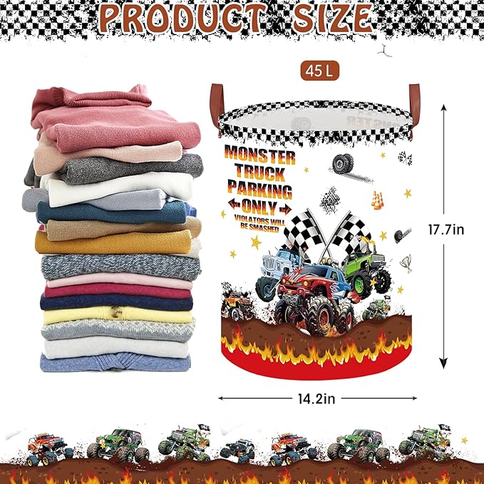 Monster Trucks Storage Basket Laundry Hamper with Monster Truck Parking Sign,Car Room Decor for Boys,Kids Laundry Basket Gift Bag Storage Organizer(Monster Trucks-Flag)