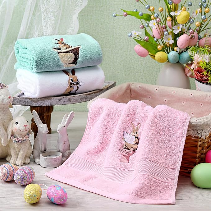 3 Pack Easter Hand Towels 13.4 x 29.2 Inch Cotton Embroidered Happy Easter Bunny Bathroom Towel Absorbent Decorative for Hand Drying Cleaning Gift