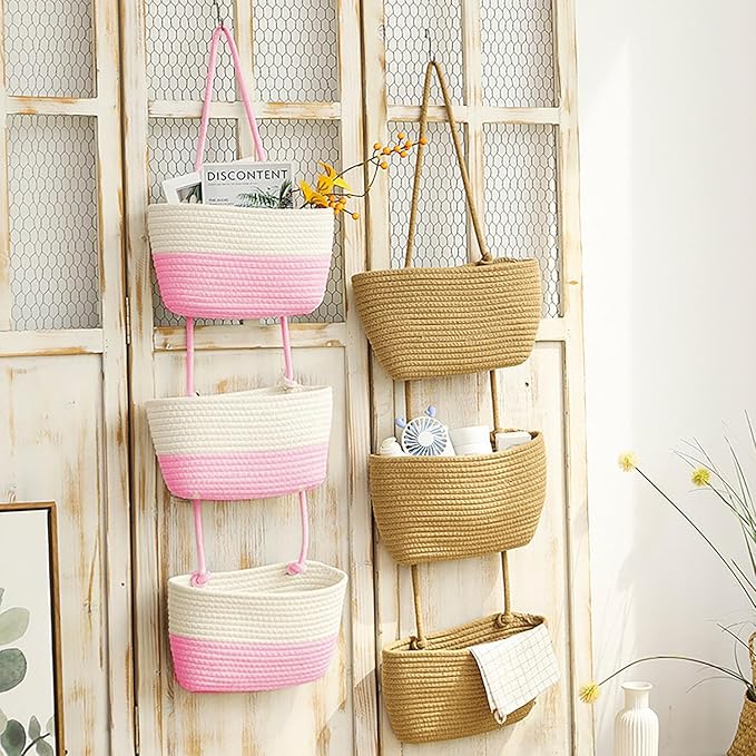 YYaaloa Woven Cotton Hanging Baskets for Organizing Decor 3-Tier Over the Door Wall-Mounted Storage Bag Nursery Baskets for Organizing Living Room, Bathroom and Bedroom (White+Pink)