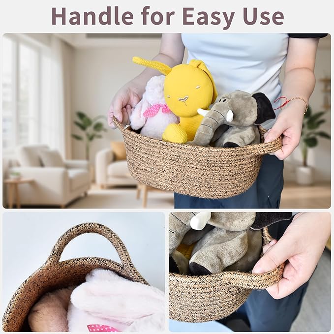 ABenkle Small Basket with Handles - Decorative Durable Rope Woven Storage Bin Shelf Storage Organizer Cube, Easter Baby Gift Basket, 12"x8"x5"