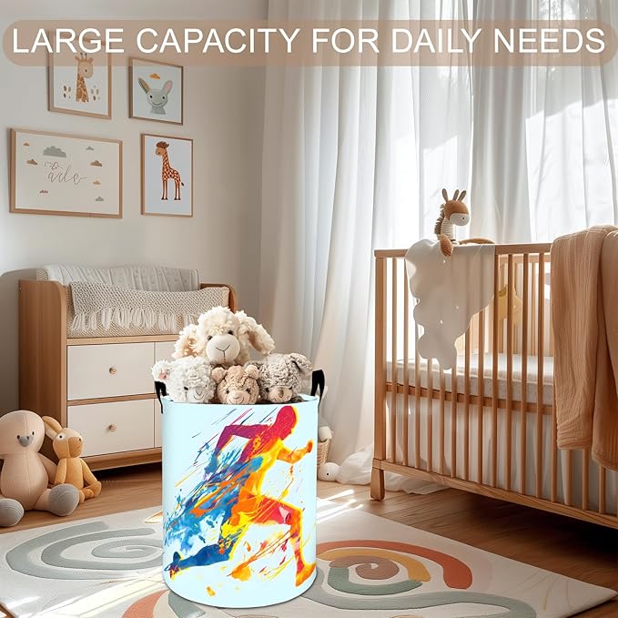 Running Athlete Laundry Basket Hamper 19.7"x15.8", Sports Foldable Waterproof Oxford Clothes Storage Bucket for Room Bathroom Bedroom Nursery Decor, Toy Organizer Bins Gifts for Kids Boys Girls
