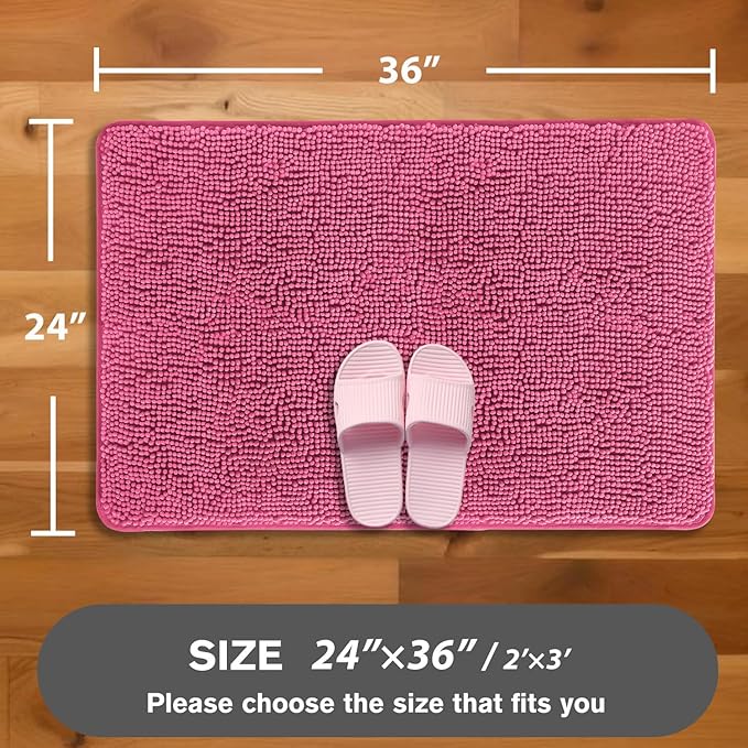 Hot Pink Bathroom Rugs – Absorbent and Washable Bath Mat, Non-Slip, Thick Soft Chenille Bath Rugs for Bathroom Floor, Shower, Sink - 24" x 36"