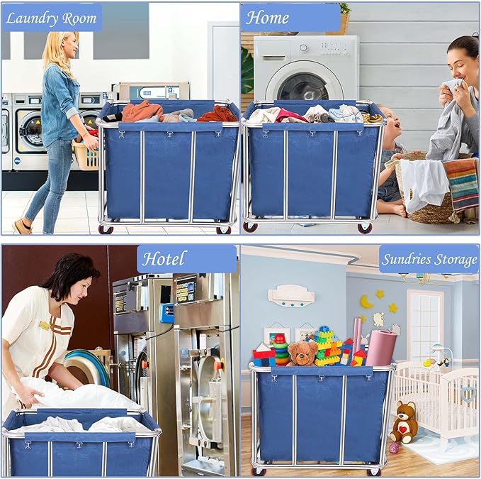 Laundry Cart Commercial/Home,12 Bushels Heavy Duty Large Stainless Steel Rolling Laundry Basket with Wheels for Hotel School Laundry，for Laundry/Sundries Organizer and Storage,286LBS Load