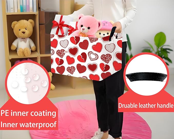 Large Valentine's Day Basket Heart Shaped Storage Bin for Gifts Collapsible Organizer Room Decor (Little Round Dot Love)