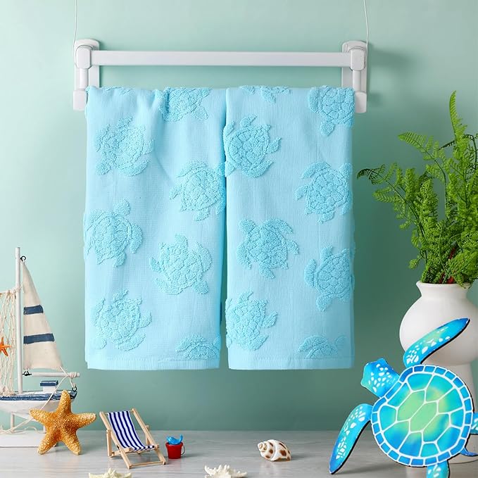 2pcs Sea Turtle Hand Towels for Bathroom 100% Cotton Jacquard Weave Bath Towel Set Soft Absorbent Dish Washcloth for Bathroom Kitchen Beach Summer Theme Gifts 13.8 x 29.5 Inch (Blue)