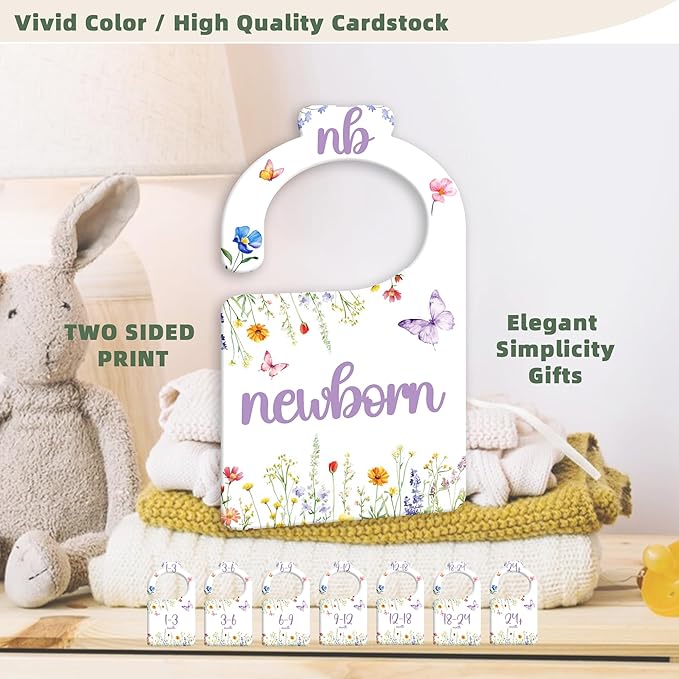 Watercolor Wildflowers Baby Closet Dividers for Nursery Closet Organizer, Newborn to 24 Months Size Clothes, Purple Butterfly Hangers with Size Dividers, Double Sided
