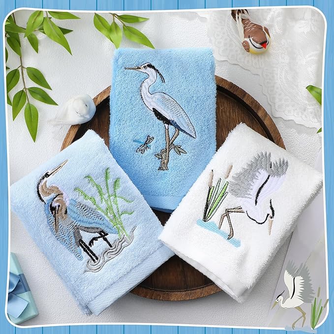 3 Pack Heron Coastal Hand Towels for Bathroom 100% Cotton Embroidered Beach Bathroom Towels 13.78 x 29.53 Inch Soft Absorbent (Blue Series, Heron)