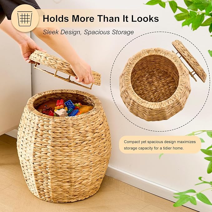 Round Wicker Basket with Lid, Handwoven Hyacinth Storage Basket, Blanket Organizer Basket for Laundry, Bathroom, Bedroom, Living Room, Office