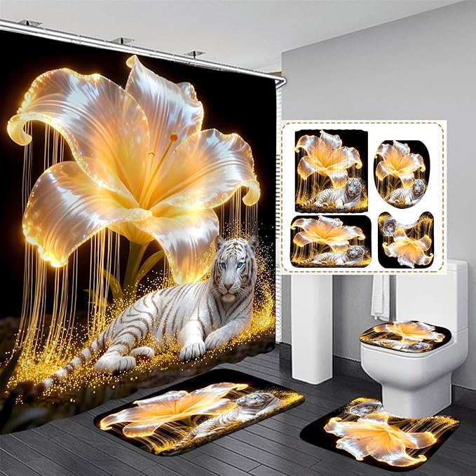 4 Piece Black and Gold Shower Curtain Set with Rugs, Majestic White Tiger & Glowing Golden Lily Floral Art, Luxury Waterproof Fabric Bathroom Decor, Non-Slip Bath Mats & Toilet Lid Cover