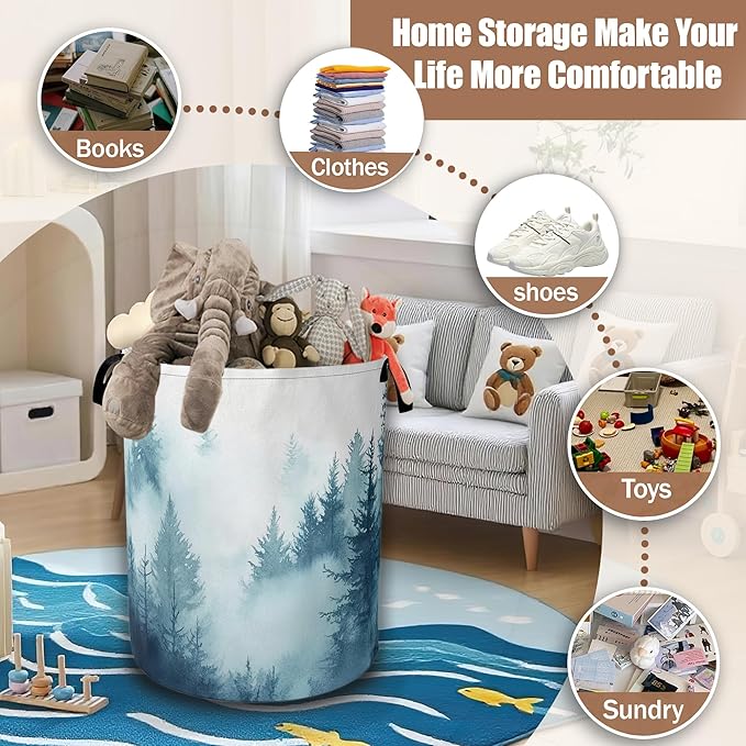 Misty Forest Laundry Baskets,Laundry Hamper,Storage Basket with Handles for Bathroom Bedroom College Dormitory Living Room Nursery Organizer 16"x20.8"