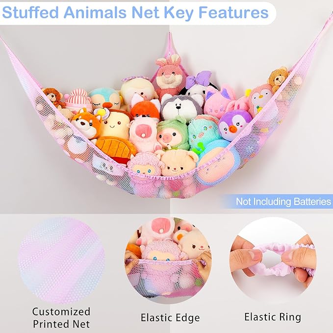 Basumee Stuffed Animals Net or Hammock with LED Light Hanging Toy Net Hammock for Stuffed Animals Storage Stuff Animals Hammocks for Nursery Room with Remote Control, 8 Kinds of Lights(Pack of 1)